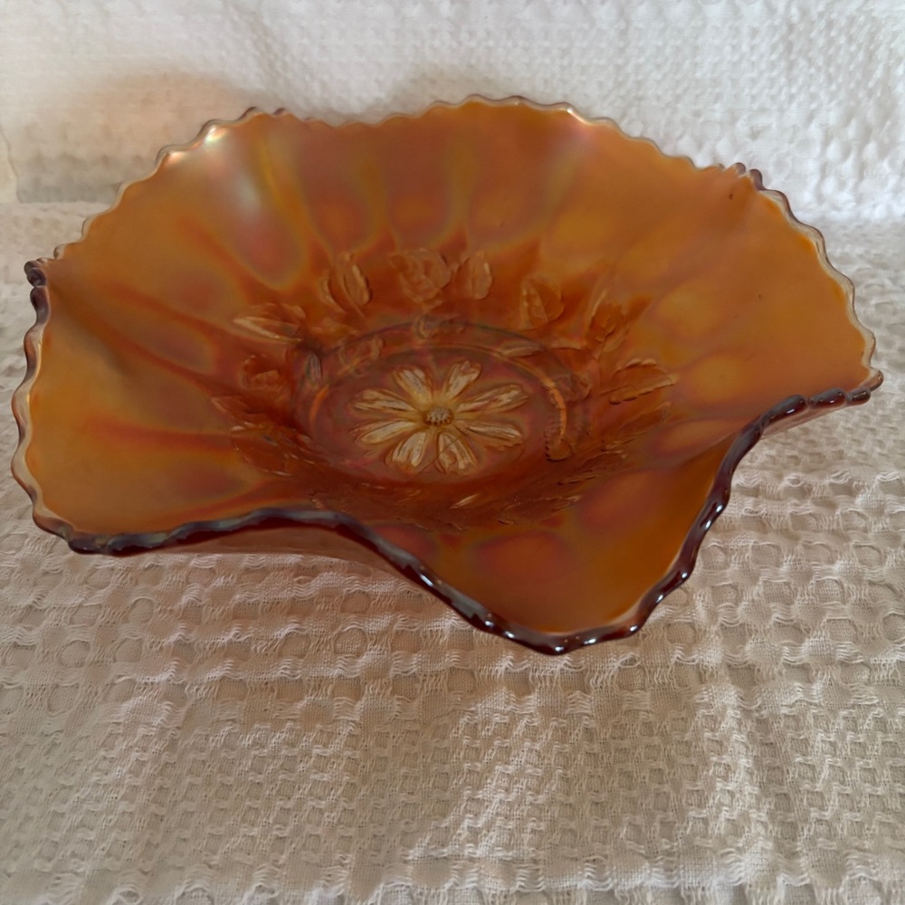 Vintage Carnival Glass Fluted Bowl / Iridescent Amber Glass Candy Dish